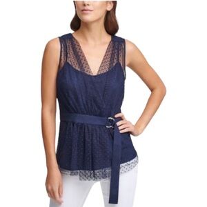 New! DKNY Mesh Tulle Swiss Dot Navy Blue Wrap Cocktail Party Formal Top Blouse